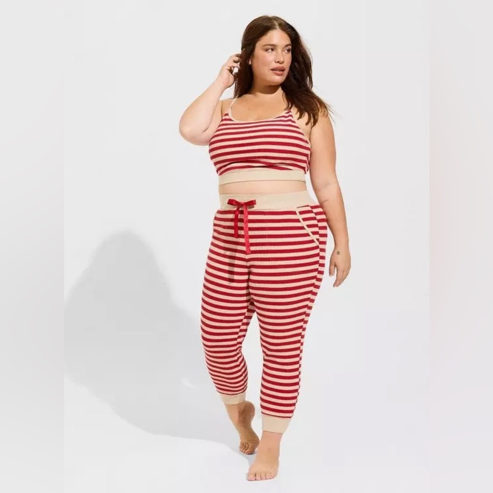 Torrid Sleep Ribbed Lounge Set – Red & Cream Stripes (Top 2, Bottoms & Jacket 3) - Picture 4 of 14